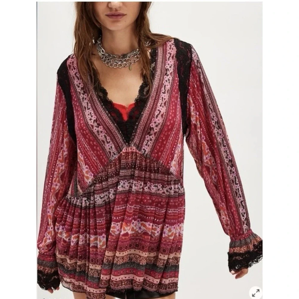 Free People Natalie Boho Printed Long Sleeve Top in Plum Red Lace‎ Black Sm